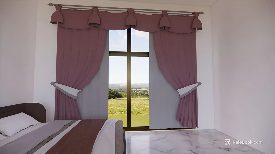 Floor to Ceiling Window in Bedroom with Purple Curtains and Scenic Green Grassland View Outside 3d model 