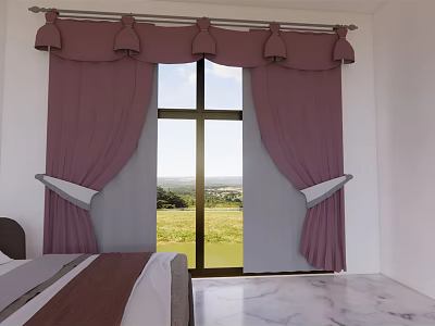 Floor to Ceiling Window in Bedroom with Purple Curtains and Scenic Green Grassland View Outside 3d model