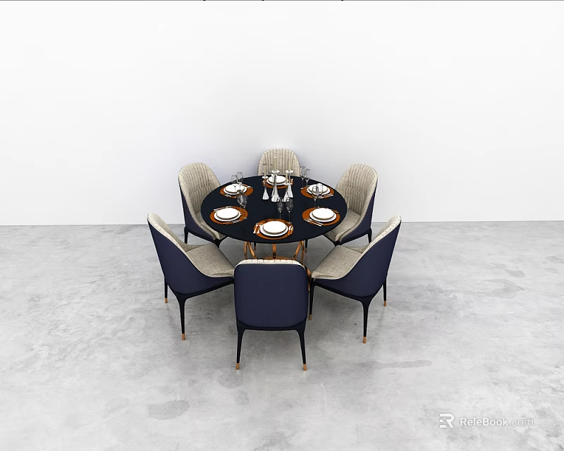 Modern Round Dining Set With Six Navy And Beige Chairs Black Tabletop And Tableware 3d model