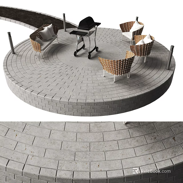 Rattan Outdoor Chairs On Circular Paved Patio With Round Table And Wheeled Trolley 3d model 