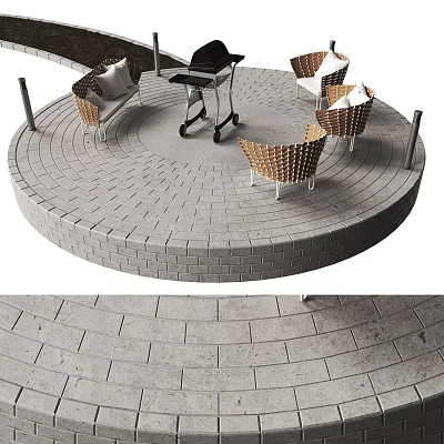 Rattan Outdoor Chairs On Circular Paved Patio With Round Table And Wheeled Trolley 3d model