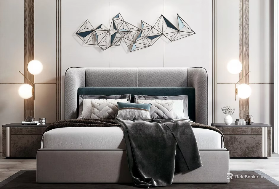 Geometric Metal Wall Decor In Modern Bedroom 3d model 