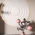 Silver And White Sculptures With Red Pink Balls On Marble Pedestal And Circular Wall Decor