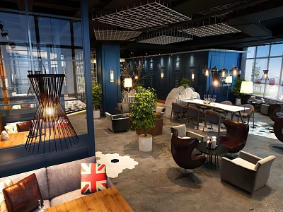 Modern Café Interior Design With Pendant Lights Comfortable Sofas Wooden Tables And Green Plants 3d model