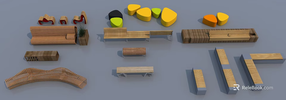 Modern Colorful Geometric Landscape Seats With Wooden Benches For Outdoor Spaces 3d model 