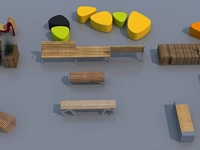 Modern Colorful Geometric Landscape Seats With Wooden Benches For Outdoor Spaces 3d model