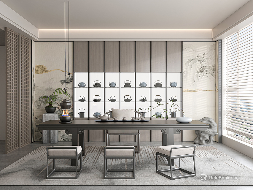 Traditional Tea Room Interior With Wooden Table Tea Sets On Display Shelves And Green Plants 3d model 