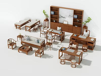 Traditional Chinese Style Wooden Office Desk Interior With Bookshelf Chairs And Green Plants 3d model