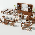 Traditional Chinese Style Wooden Office Desk Interior With Bookshelf Chairs And Green Plants