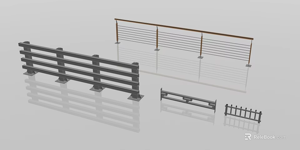 Various Fence Designs With Metal Railings Horizontal Bars And Wooden Handrail 3d model 