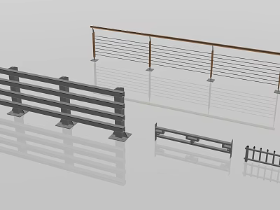 Various Fence Designs With Metal Railings Horizontal Bars And Wooden Handrail 3d model
