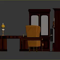 Dark Wooden Desk With Red Countertop Glass Door Cabinet Bookshelf Orange Chair And Table Lamp