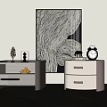 Modern Bedside Tables Featuring Open Shelf Drawers and Decorative Ornaments Near Abstract Wall Art