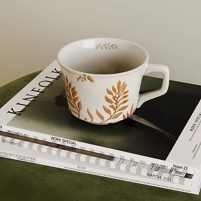 Elegant White Cup With Golden Leaf Designs On KINFOLK Lifestyle Magazine 3d model