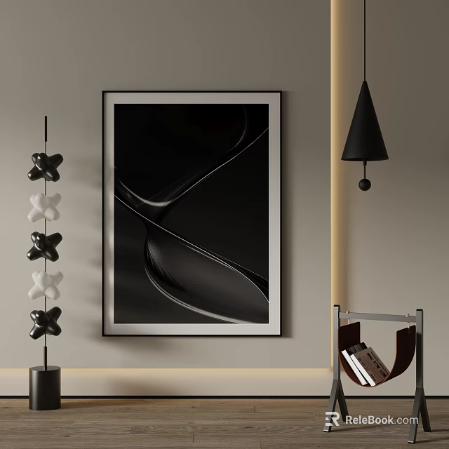 Black And White Abstract Landscape Art Hanging On Interior Wall 3d model