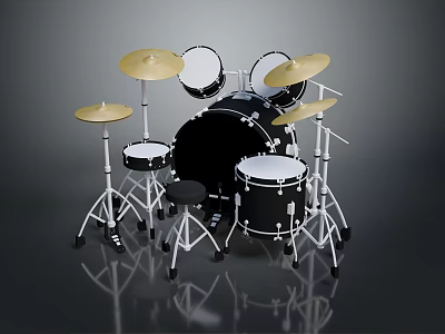 High Quality Acoustic Drum Set With Black White Drums Cymbals Stool And Stands 3d model
