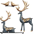Modern Decorative Ornament Set With Gold Blue Metal Deer Figurines Floral Accents And Stand