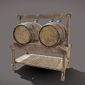 Sturdy Vintage Wooden Barrel Rack With Two Barrels And Lower Shelf