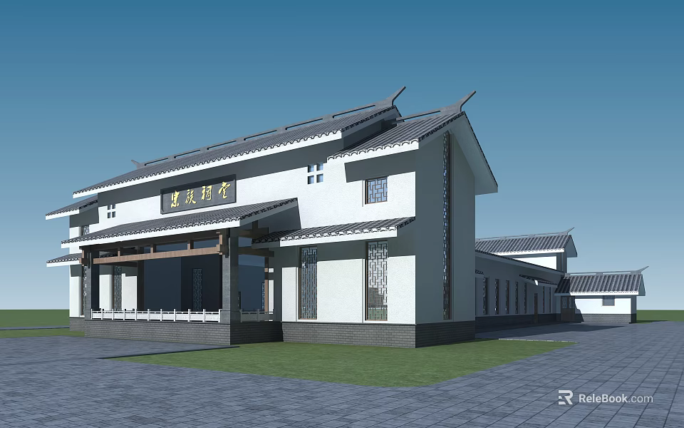 Traditional Chinese Ancient Architecture With Classic Eaves White Walls And Gray Tiles Exterior Design 3d model 