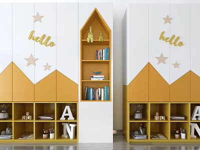 Modern Kids Bookcase With Yellow White Design Star Decor And Book Storage In Children Room 3d model