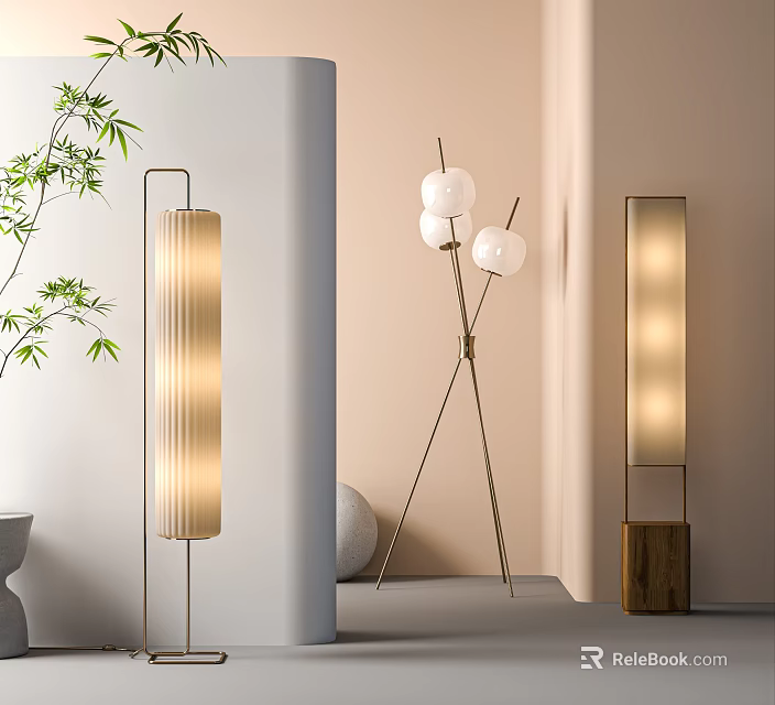 Modern Floor Lamps with Spherical Shades Bamboo and Warm Light in Minimalist Interior 3d model 