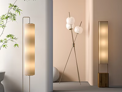 Modern Floor Lamps with Spherical Shades Bamboo and Warm Light in Minimalist Interior 3d model