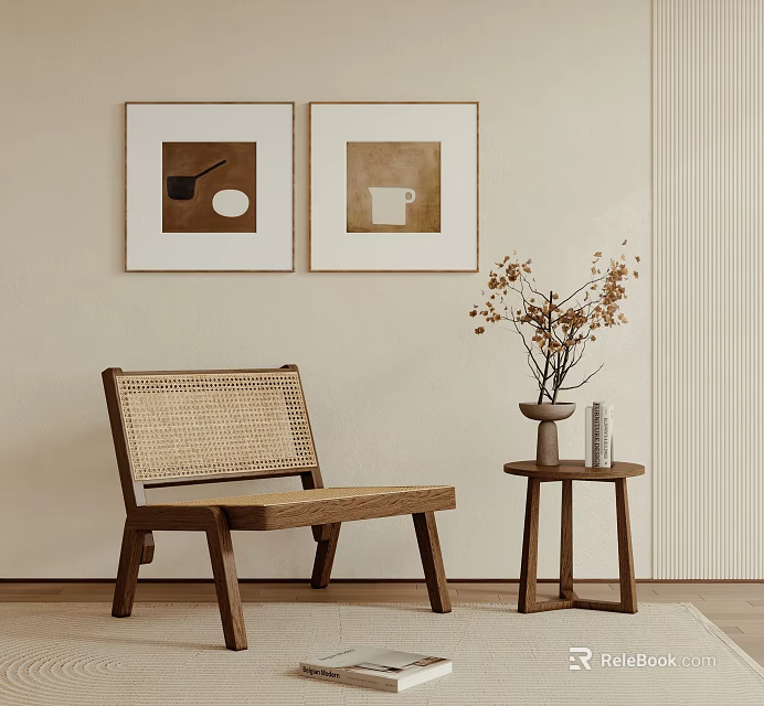 Wooden Rattan Leisure Chair With Side Table And Dried Flowers Decorative Paintings On Beige Wall 3d model 