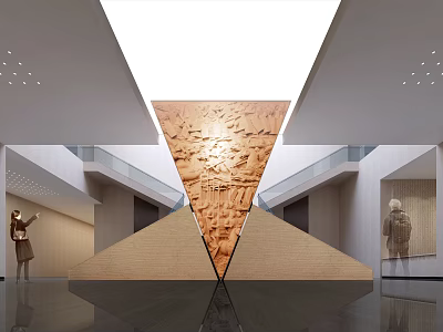 Modern Exhibition Hall Interior With Large Triangular Carved Relief Wall And Glass Railings 3d model