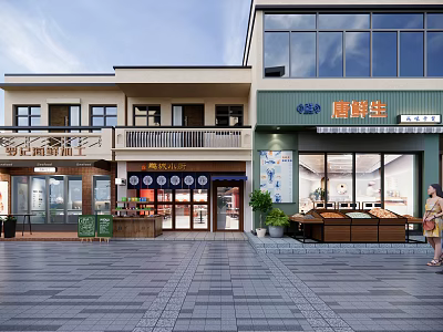 Modern Commercial Storefront Design With Glass Doors Varied Signage And Outdoor Greenery 3d model