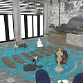 Modern Hotel Lobby Featuring Mountain Landscape Wall Reception Desk And Water Feature With Cranes