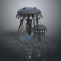 Two Metallic Jellyfish Like Structures With Hanging Tentacles And Circular Bases