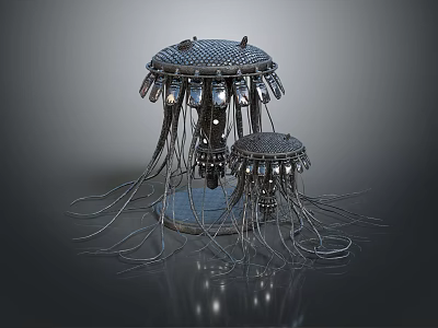 Two Metallic Jellyfish Like Structures With Hanging Tentacles And Circular Bases 3d model