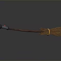 Wooden Handle Broom With Straw Bristles Black Tip And Red Accent Design