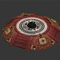 Ornate Red Circular Decorative Platform With Blue Central Emblem Intricate Patterns And Turquoise Accents