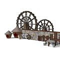 Traditional Scenic Feature Wall With Large Small Water Wheels Stone Design And Earthen Jars