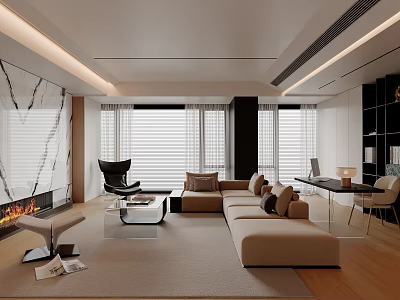Modern Living Room With Marble Wall Fireplace Beige Sofa Open Shelves And Large Windows 3d model