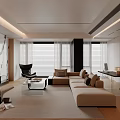 Modern Living Room With Marble Wall Fireplace Beige Sofa Open Shelves And Large Windows