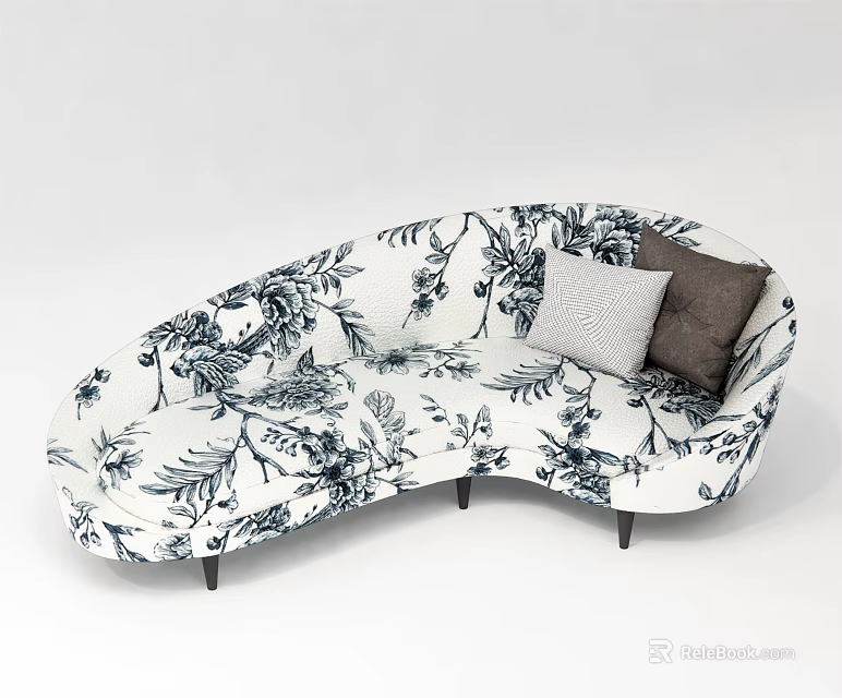 Curved Multi Seater Sofa With Floral Pattern Light Gray And Dark Brown Cushions Black Legs 3d model 