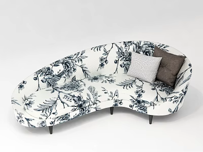 Curved Multi Seater Sofa With Floral Pattern Light Gray And Dark Brown Cushions Black Legs 3d model