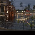 Evening Park Landscape Featuring Water Pool Circular Platform Red Trees Street Lamps And Swan Sculptures