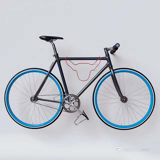 Sleek Modern Bicycle With Black Frame And Blue Rimmed Wheels Mounted On Wall 3d model 