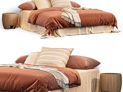 Cozy Double Bed With Brownish Orange Bedspread Striped Pillows Soft Throw Blanket And Wooden Stool 3d model