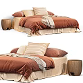 Cozy Double Bed With Brownish Orange Bedspread Striped Pillows Soft Throw Blanket And Wooden Stool