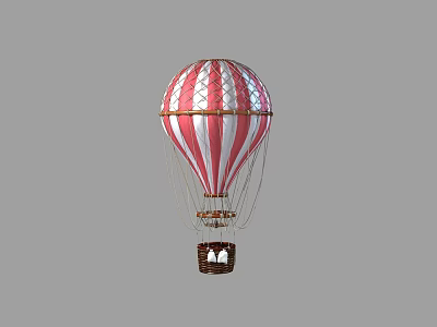 Red and White Striped Hot Air Balloon With Hanging Basket Design Details 3d model