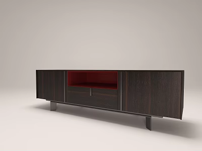 Modern Dark Wood TV Stand With Red Accent Cabinets And Sleek Metal Legs Design 3d model