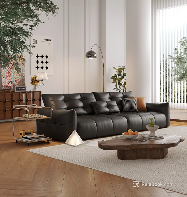 Modern Living Room with Black Leather Sofa Wooden Coffee Table and Floor Lamp 3d model 