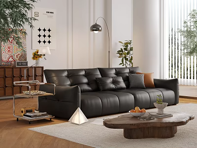Modern Living Room with Black Leather Sofa Wooden Coffee Table and Floor Lamp 3d model