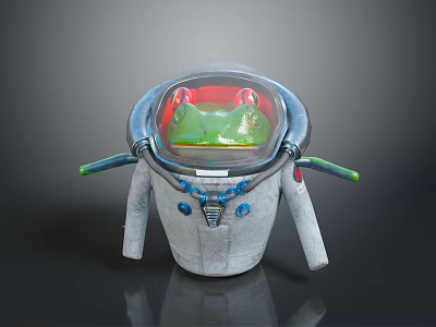 Green Frog Wearing Astronaut Helmet and Suit With Transparent Visor Red Accents and Gray Backpack 3d model