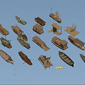 Many Traditional Wooden Boats With Various Designs Arranged On Blue Water Surface