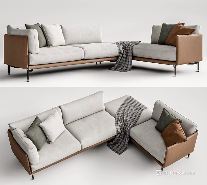 Modern Light Gray Sectional Sofa with Brown Accents Plaid Blanket and Decorative Cushions 3d model 